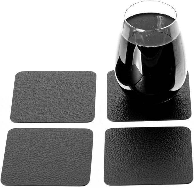 Nikalaz Set of Black Placemats and Coasters, 4 Table Mats and 4 Coasters, Recycled Leather, 18'' x 13''