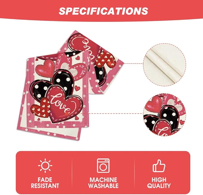 Artoid Mode Pink Polka Dot Heart Love Table Runner, Anniversary Wedding Kitchen Dining Table Decoration for Home Party Decor 13x72 Inch