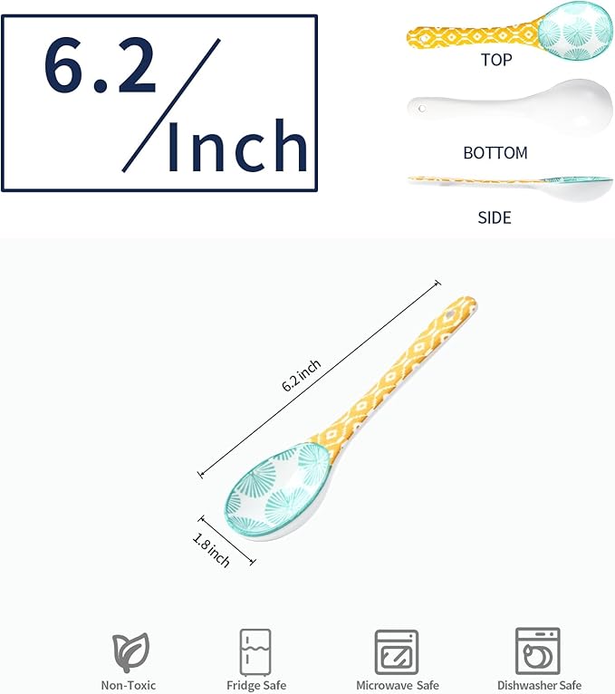 Selamica Ceramic Soup Spoons, 6.2 Inch Small Serving Spoons for Cereal, Yogurt, Dips, Ice Cream, Spoon Set of 6, Dishwasher & Microwave Safe, Assorted Colors