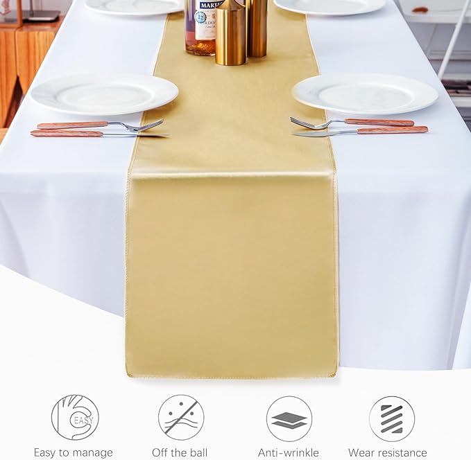 JEVIX 20 Pack Satin Table Runner 12 X 108 Inch Silk Table Runner for Party,Wedding, Birthday, Banquets,Decoration(Light Gold)