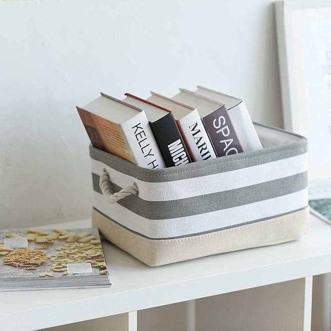 TheWarmHome Storage Basket Fabric Basket with Handles Dog Toy Basket Cloth Storage Bin Shelf Basket Decorative Storage Basket Shoe Basket Gift Basket(Grey&White Stripes-1 Pack,15.7L횞11.8W횞8.3H)