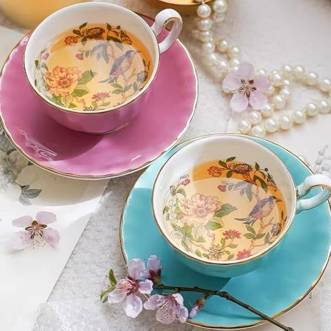 Aynsley Pembroke Glaze Oban 2-Piece Fine Bone China Teacup & Saucer - 6oz (180ml), Handpainted Floral with Gold Trim - Vintage Gift Set-Pink