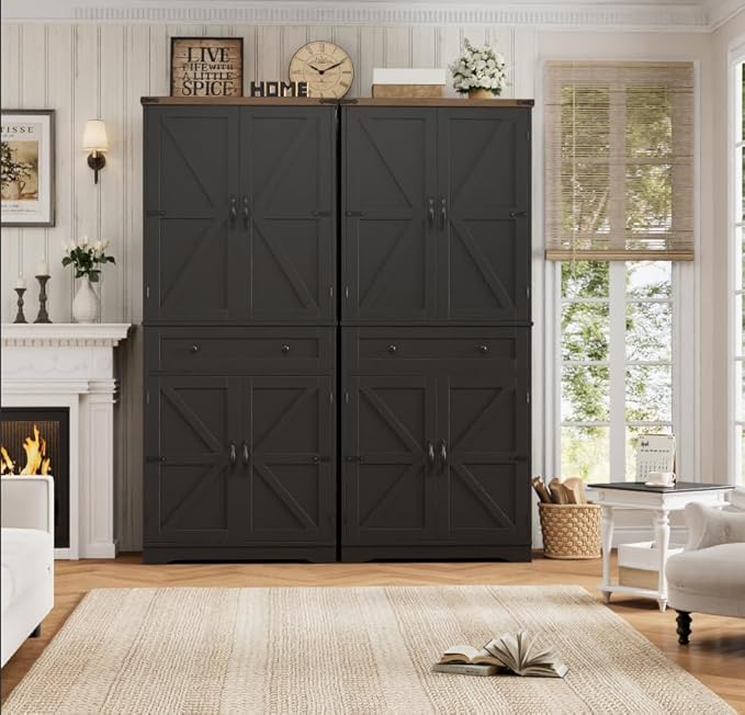 HOSTACK 71" Tall Pantry Cabinet, Farmhouse Kitchen Pantry with Storage Shelves, Barn Doors Food Storage Cabinet, Freestanding Kitchen Hutch with Large Drawer for Dining Room, Living Room, Black