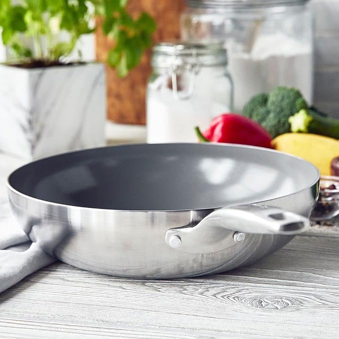 GreenPan Chatham Tri-Ply Stainless Steel Healthy Ceramic Nonstick 11" Wok Pan, PFAS-Free, Multi Clad, Induction, Dishwasher Safe, Oven Safe, Silver