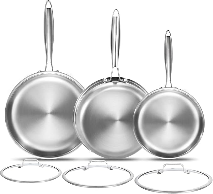 DELARLO Tri-ply Stainless Steel Frying Pan Set with Lid 8" 10" 12" Induction large Skillets Chef's Pan,Pots and Pans Set Kitchen Cookware Set Suitable for All Stove