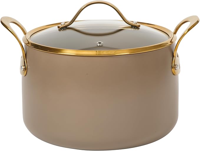 Bloomhouse - Two Time Oprah's Favorite Things Winner - 8 Quart Stock Pot w/Lid ??PFAS-Free Ceramic Nonstick Dutch Oven Heavy Duty Aluminum Oven Safe Dishwasher Safe Cappuccino Cream w/Gold Handles