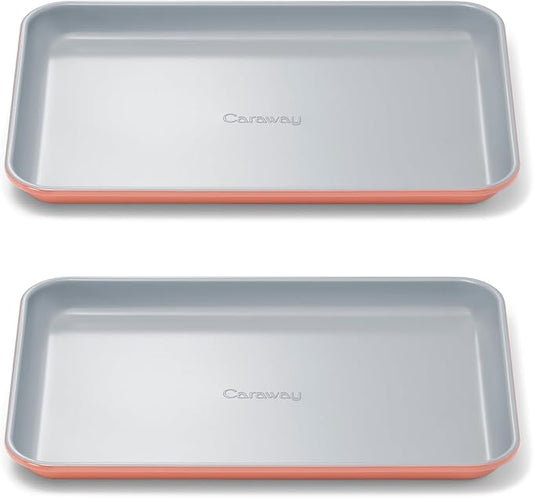 Caraway Nonstick Ceramic Small Baking Sheet Duo (9x13?? ??Non-Toxic, PTFE & PFOA Free ??Oven Safe ??Aluminized Steel Core ??Mini Sheet Pan for Baking, Roasting & More - Perracotta