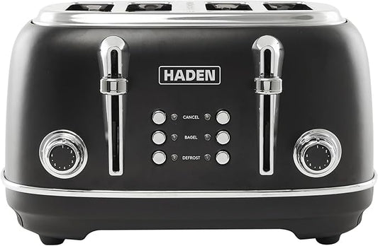 Haden Heritage 4 Slice Wide Slot Stainless Steel Toaster with Adjustable Browning Control & Non-Slip Feet, Black & Chrome