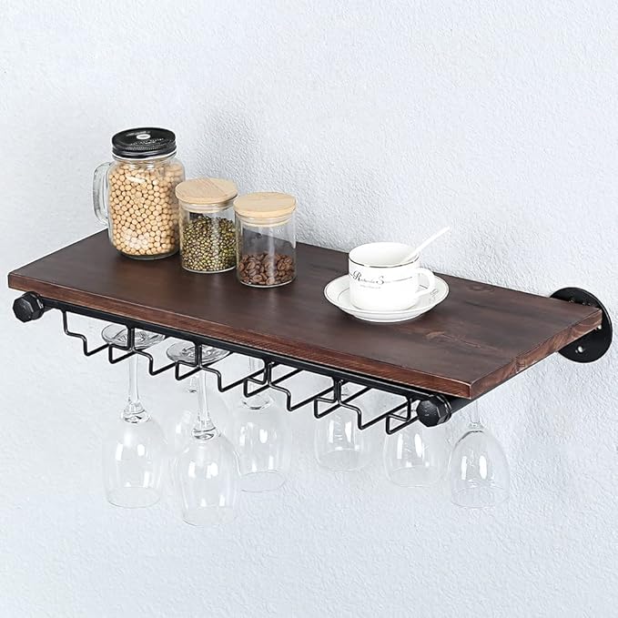 Industrial Wine Rack Wall Mounted with 5 Glass Holder,Wine Glass Rack Floating Wine Glass Shelf,24in Pipe Shelving Hanging Wood Shelves