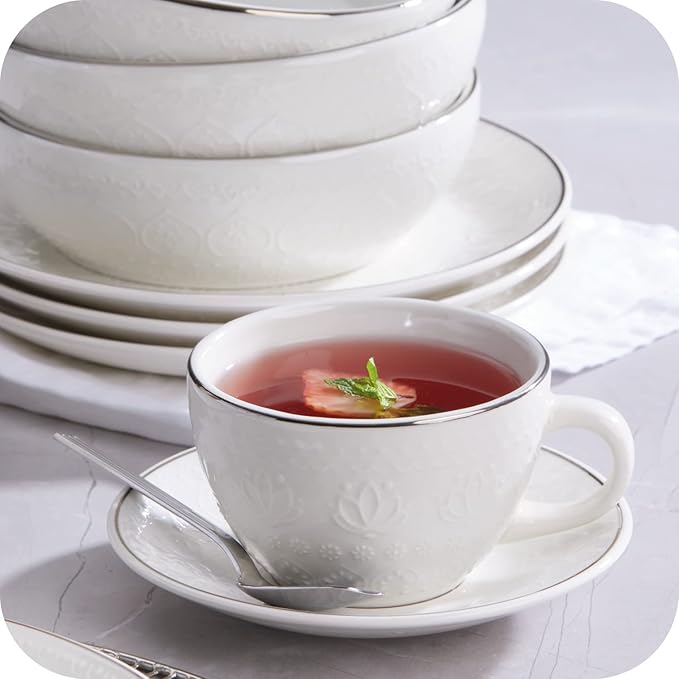 Corona 20?뱎iece Silver-Rim Elegant Embossed Floral Pattern Ceramic Dinnerware Sets, Plates Bowls and Cups, Service For 4, Harmony
