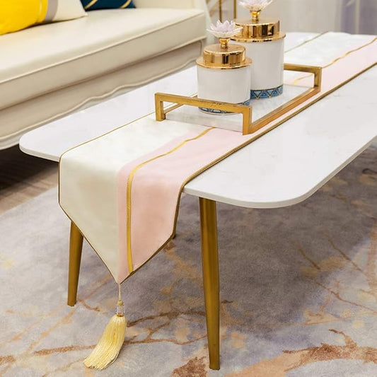 Avigers 12 x 59 Inch Decorative Luxury Pink White Gold Leather Striped Patchwork Velvet Table Runners with Tassels for Home Living Room Bedroom Art Decor Wedding