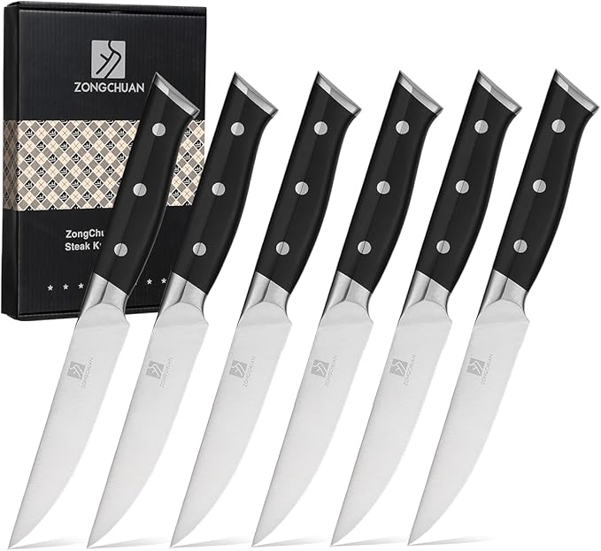 Steak Knives,4.5 Inch Steak Knives Set of 6, Micro-Cutting Point Serrated Edge, Very Sharp Steak Knife, Dishwasher Safe, 50CR15MOV Stainless Steel, Handle Ergonomic And Full Tang Design With Gift Box