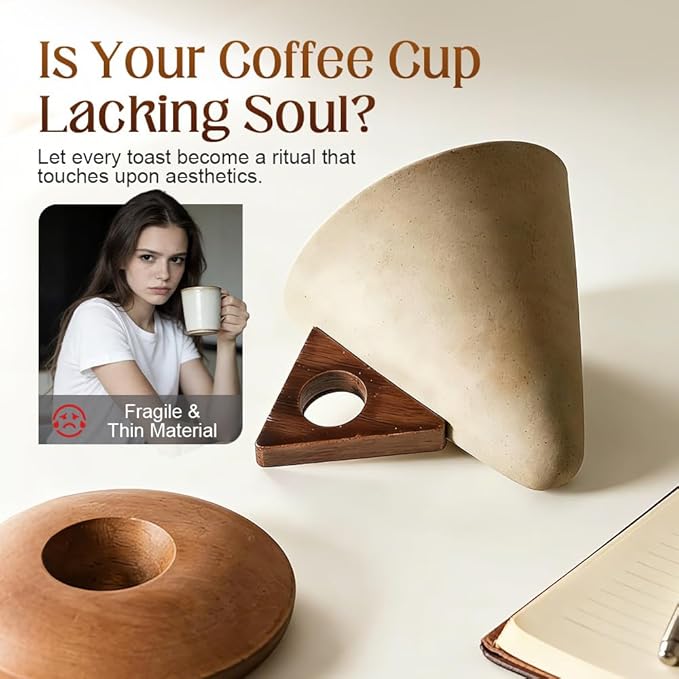 Vintage Coarse Pottery Coffee Mug with Wooden Handle and Saucer, 2026 New Ceramic Cup for Espresso Latte Tea, Wooden Handle Mug Set for Home & Office (Oval base-250ml)
