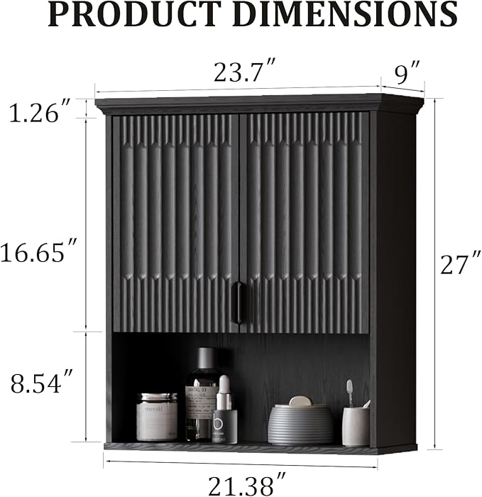 FLOWBACK BlackBathroom Wall Cabinet Over The Toilet Storage, 23.5횞31.4 Inch Wall Mounted Medicine Cabinet for Bathroom with Adjustable Shelf and Door, Wood Cabinet for Laundry Room, Bedroom Kitchen