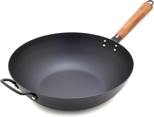 GreenPan Carbon Steel Wok 12?? Flat Bottom, Durable Stir-Fry Pan, Pre-Seasoned Nonstick Patina, High Heat Retention, Induction, Ash Wood Handle, Kyoto, Black
