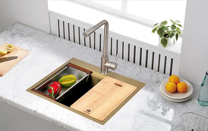 STARSTAR Workstation Ledge Top Mount/Drop-in Gold 304 Matte Stainless Steel Single Bowl For Kitchen,Yard, Office, Bar, Laundry Sink (21 x 20 x 10)