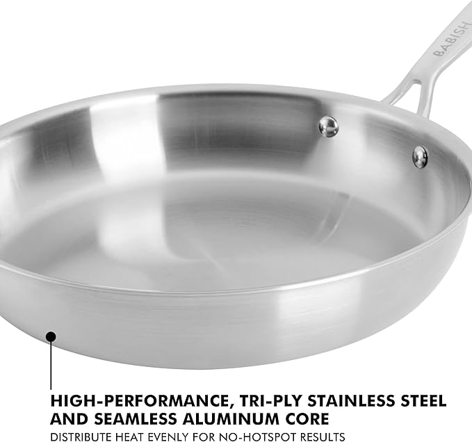 Babish 10-Inch Tri-Ply Stainless Steel Frying Pan ??Professional Grade Skillet for Searing, Saut챕ing & Everyday Cooking