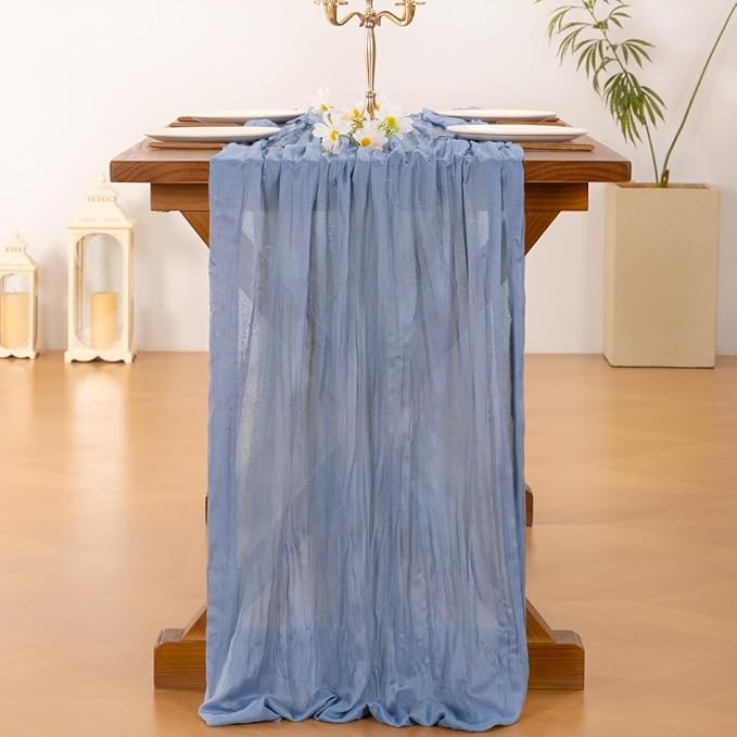 Socomi 15pcs Dusty Blue Valentine's Day Cheesecloth Table Runner Boho Rustic Gauze 120 inch 10FT Cheese Cloth Runner for Wedding Party Baby Shower Birthday Home Decor Holiday Decorations