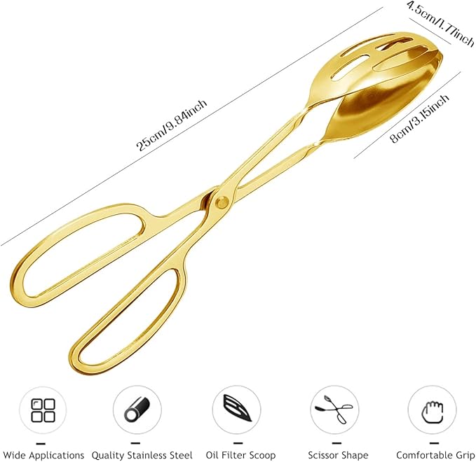2 Pieces Buffet Salad Tongs for Kitchen Serving and Cooking, Stainless Steel Food Scissor Tongs, Catering Utensil for Bread Cake Bake Steak Barbecue (Gold)