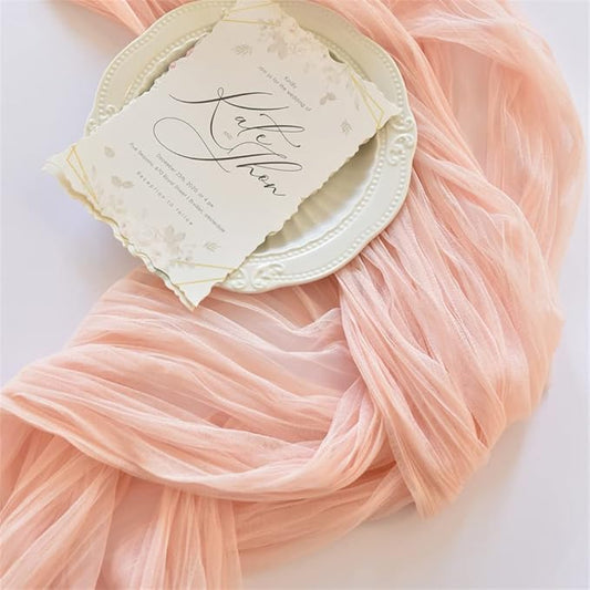Joanlody Peach Cheesecloth Table Runner Spring Easter 10Ft Rustic Gauze Boho Cheese Cloth Table Runner for Wedding Bridal Baby Shower Decoration
