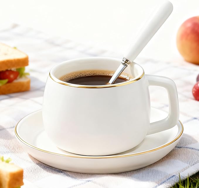 Ceramic Teacup and Saucer Set with Gold Trim Design 9.8oz Matte Plain Color Ceramic Coffee Mug White