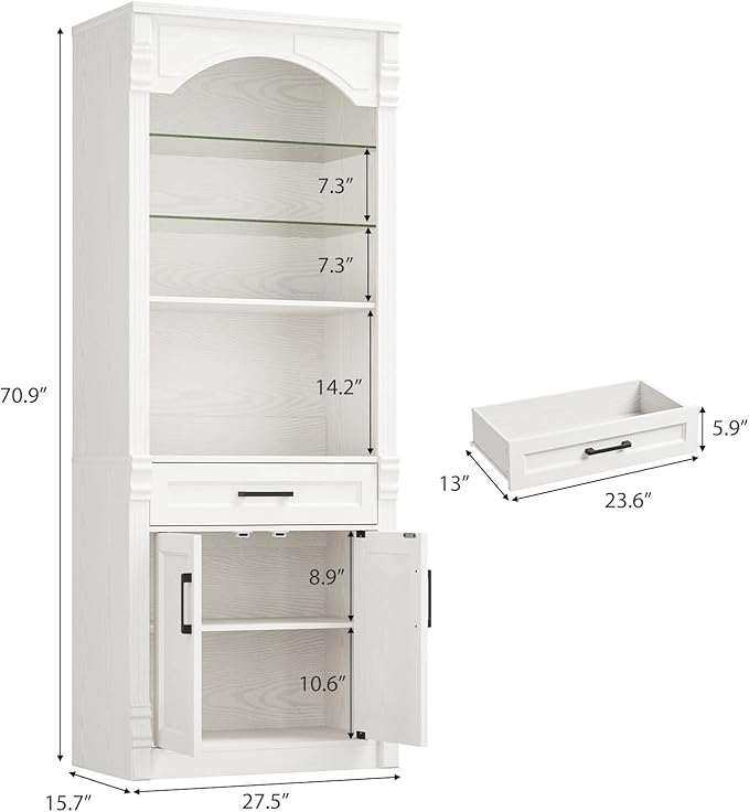 Rresyet 70.9" Tall Kitchen Pantry Storage Cabinet, Modern Kitchen Hutch Bar Cabinet with Lights, Freestanding Food Pantry with Adjustable Shelves and Drawer (White)