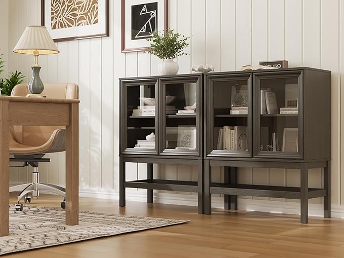 Sideboard Buffet Cabinet with Storage, Small Kitchen Coffee Wine Bar Cabinet with Glass Press-to-Open Doors, Wood Mid Century Modern Side Board Table for Dining Room, Living Room