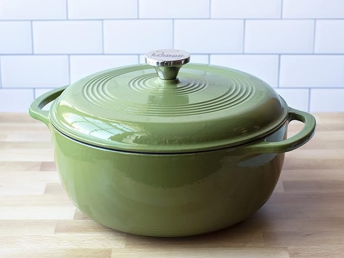 Lodge 6 Quart Enameled Cast Iron Dutch Oven with Lid ??Dual Handles ??Oven Safe up to 500째 F or on Stovetop - Use to Marinate, Cook, Bake, Refrigerate and Serve ??Spruce