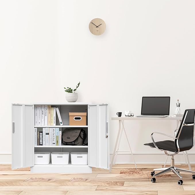 CJF Metal Storage Cabinets with Shelves and Doors, Steel Locking Cabinet for Home Office, Garage, Utility Room and Basement, 36.2" H x 31.5" W x 15.7" D (White)