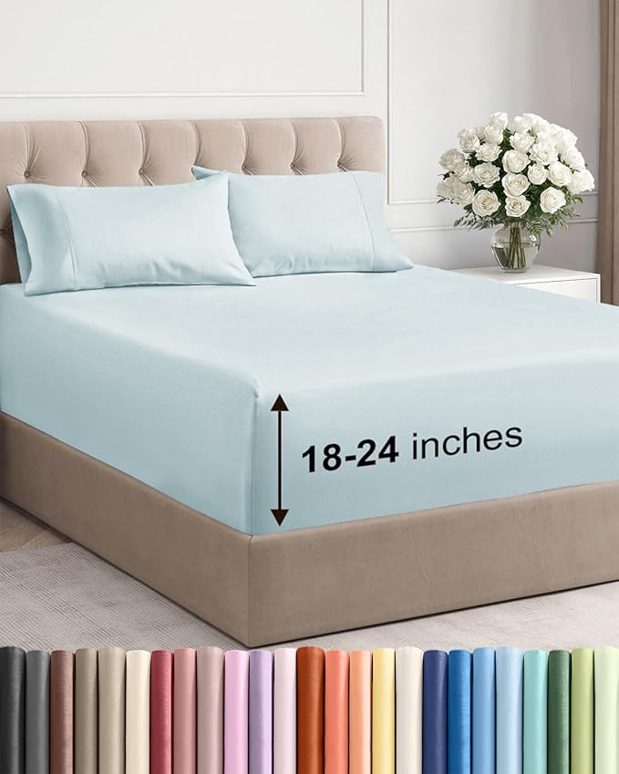 Extra Deep Pocket Full Sheets - 4 Piece Breathable & Cooling Bed Sheets - Hotel Luxury Bed Sheet Set - Soft, Wrinkle Free & Comfy - Easily Fits Extra Deep Mattresses - Deep Pocket Ice Blue Sheets Set