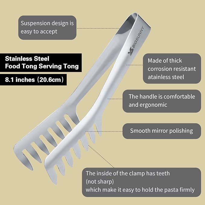 MSY BIGSUNNY Kitchen Pasta Tongs, 8" Stainless Steel Spaghetti Tongs