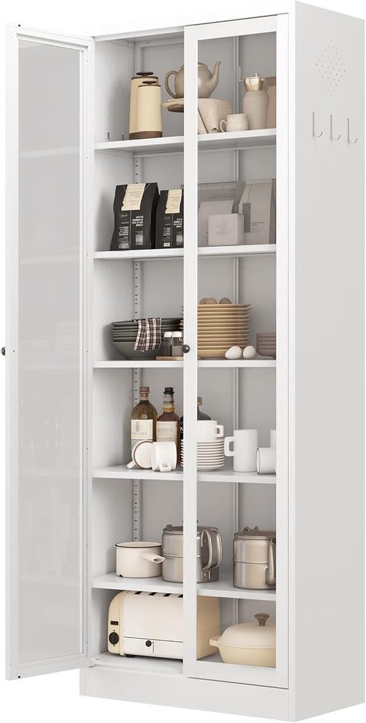 Kitchen Pantry Storage Cabinets with Glass Doors and 5 Adjustable Shelves, 72" Tall Kitchen Cupboard Metal Pantry Cabinet for Home Office Living Dining Room, Assembly Required (White)