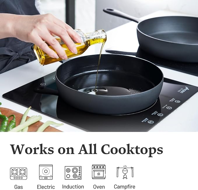 Flambo 12 Inch Smooth Cast Iron Skillet - Naturally Non-Stick, Pre-Seasoned Frying Pan, Smooth Finish for Grilling, Frying, Sauteing, Searing, Baking - Use on Oven, Stove, Grill, or Campfire