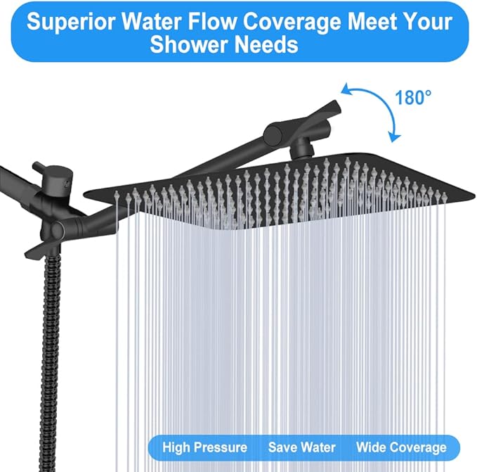 12'' High Pressure Rainfall Shower Head/Handheld Showerhead Combo with 11' Extension Arm, Anti-leak Shower Head with Holder/Hose, Flow Regulator - Matt Black