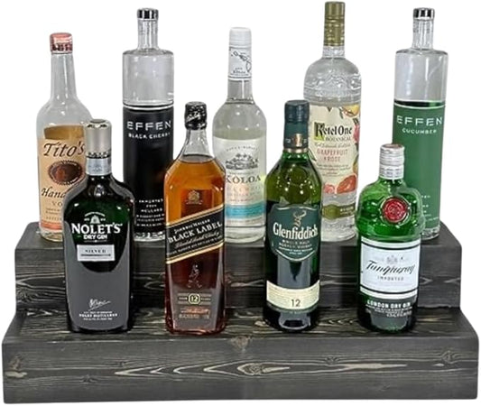 2 Tiered Liquor Bottle Display Shelf ??Holds Up to 14 Bottles Bar Organizers for Wine & Whiskey ??Free Standing Bottle Stand for Home, Bar Decor ??Wooden Kitchen Counter Shelf, 24" Black