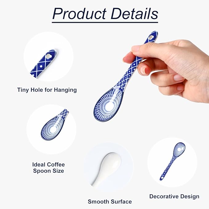 Selamica Ceramic Coffee Spoons, Teaspoons 5.2 Inch Small Spoons Set for Espresso, Tea, Dessert, Stirring, Dishwasher & Microwave Safe, Set of 6, Vintage Blue