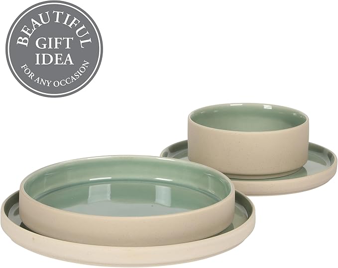 Gibson Elite Liberty Bay 16-Piece Pottery Clay Stoneware Dinnerware Set ??Mint Green Reactive Glaze, Stackable Plates and Bowls W/Pasta Bowl, Service for 4 ??Microwave & Dishwasher Safe