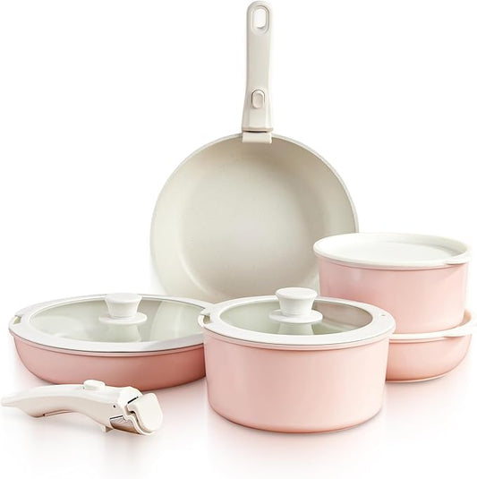 GOURMETIFIC짰 Pots and Pans Cookware Set [11 PIECES] - Non Toxic Ceramic Coated Cooking Ware - Induction, Gas & Oven Kitchenware - Non Stick Pot & Pan with Removable Handles & Stackable (Blush Pink)