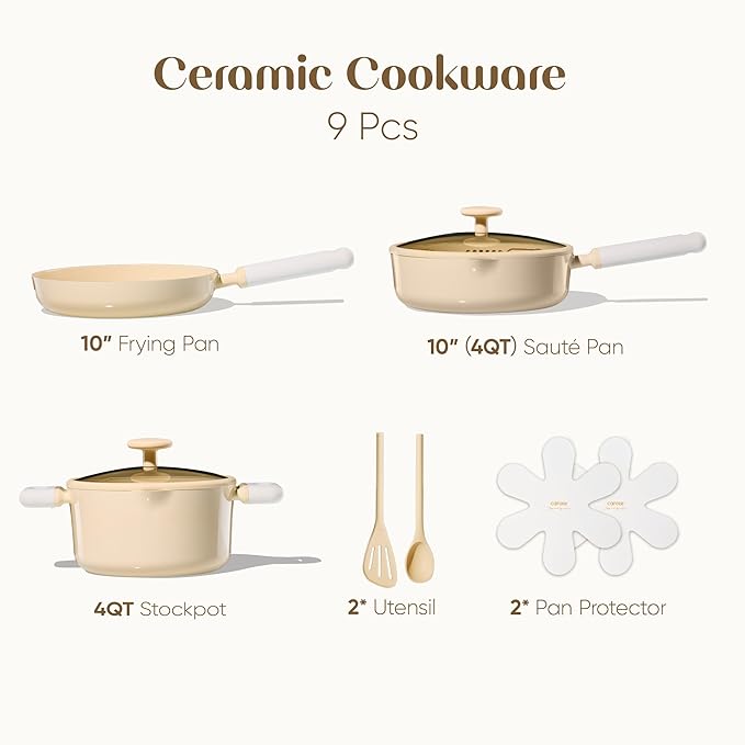 CAROTE Pots and Pans Set Nonstick, Ceramic Cookware Set, Yellow Cooking Set Kitchen Induction Set with Steamer, PFAS PTFE Free,9 Piece