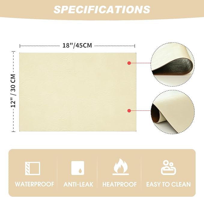 Artoid Mode Beige Faux Leather Placemats Set of 6, 12x18 Inch Waterproof Wipeable Heat Resistant Place Mats, Reversible Table Mats for Kitchen Dining Decor