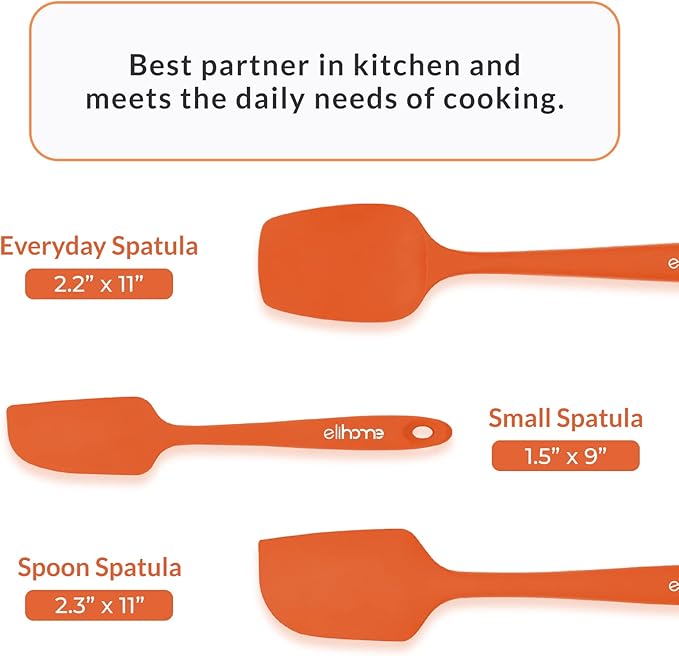 Elihome Chef Series 3 Piece Silicone Spatula Set - 600째F Heat Resistant Non Stick Rubber Kitchen Scraper Spatulas for Cooking, Baking, and Mixing ??BPA Free and LFGB Certified Silicone (Orange)