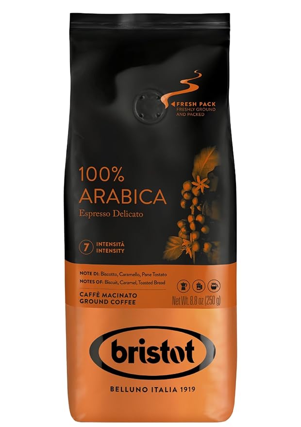 Bristot 100% Arabica Ground Coffee ??Italian Espresso Delicato ??Medium Roast ??Ground Coffee for Moka Pot, French Press & Pour Over ??8.8oz (250g)