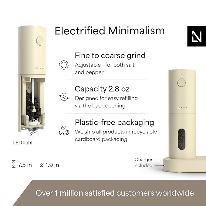 LARS NYS횠M Electric Salt and Pepper Grinder Set, USB Rechargeable, Automatic Salt and Pepper Mills, Spice Shakers Refillable with LED Light, Adjustable Coarseness, Ceramic Grinder (Butter Cream)