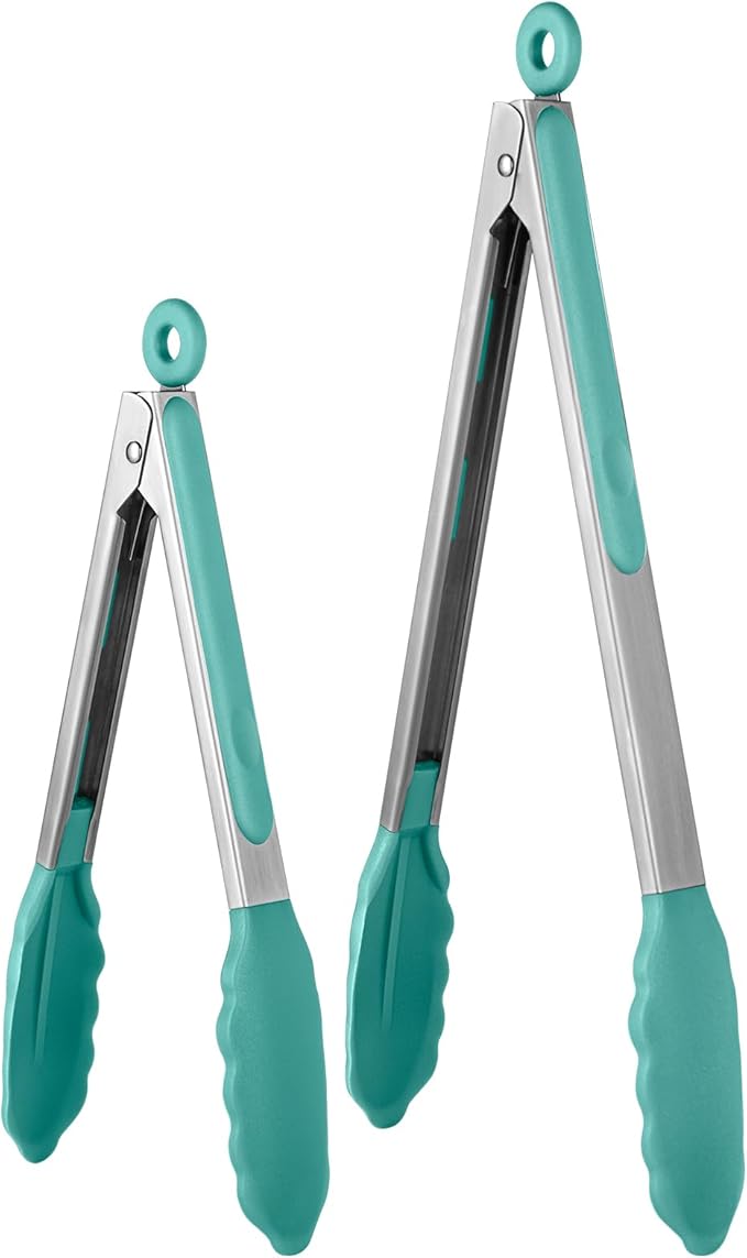 600쨘F Heat Resistant Kitchen Tongs: U-Taste 9+12 inch Silicone Cooking Tong Set with Firm Sealed Non Stick Rubber Tips and Silicon Coated 18/8 Stainless Steel Handle for Serving Grilling (Aqua Sky)