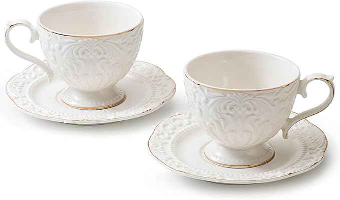 Cups and Saucers Tea Cups Set of 2, Ceramic Coffee Cups with Floral Embossed Design, 200ml (7 oz) Tea Cups and Saucers Porcelain Mugs for Birthday Party Cafe Home Mother's Day Gift