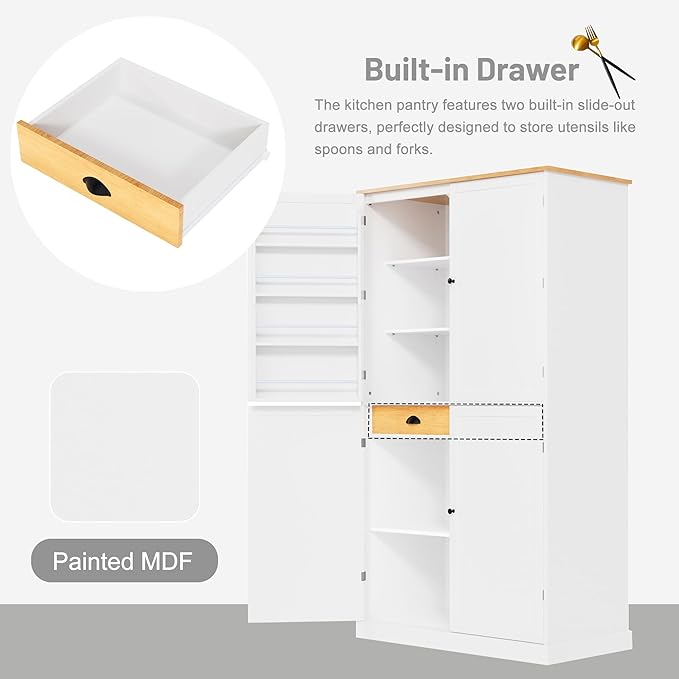 Zateety High Freestanding Kitchen Pantry Large Cupboard Storage Cabinet with 2 Drawers, 2 Adjustable Shelves, 8 Door Shelves for Kitchen, Dining Room,White