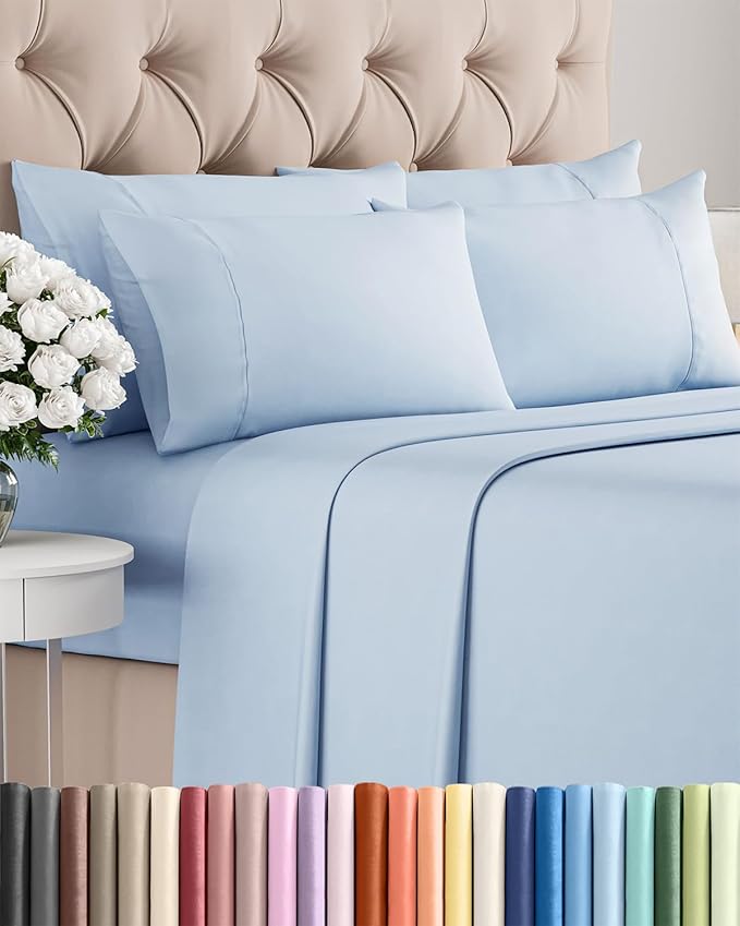 Cal King 6 Piece Sheet Set - Cooling & Breathable Bed Sheets - Hotel Luxury Bed Sheets for Women, Men, Kids & Teens - Deep Pocket Bedding w/Easy Fit - Soft & Wrinkle Free - Cal King Sky Blue Sheets
