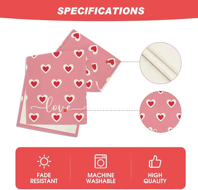 Artoid Mode Pink Love Hearts Valentine's Table Runner, Wedding Kitchen Dining Table Decoration for Home Party Decor 13x72 Inch