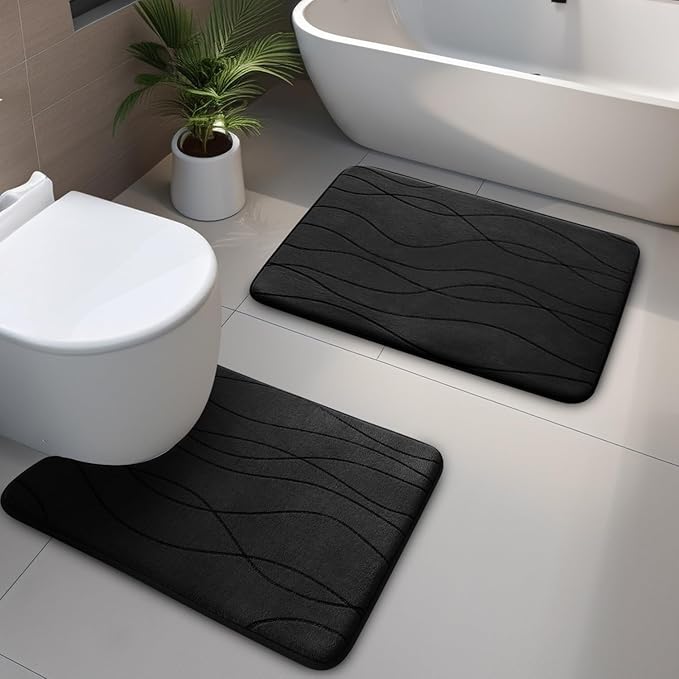 YIHOUSE Memory Foam Black Bathroom Rug Sets 2 Piece, Ultra Absorbent Bath Mat for Bathroom - Non-Slip Machine Washable & Dry Quickly, 2 Piece Bathroom Mat Set, Black