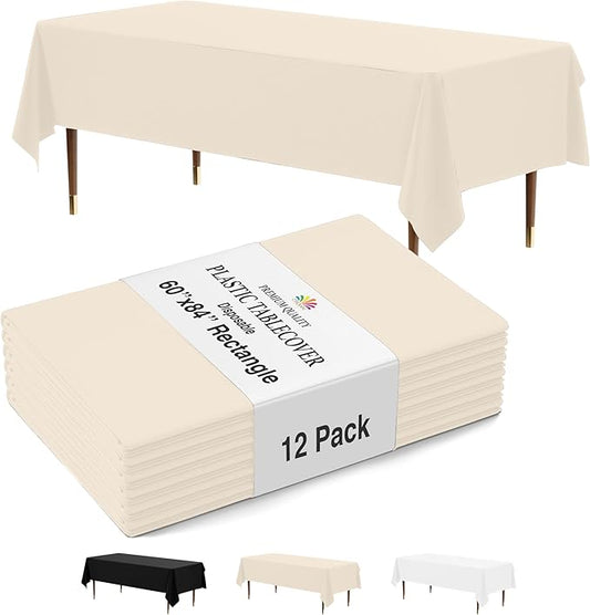 Party Solids 12-Pack Ivory Plastic Disposable Tablecloth ??Size: 60 횞 84 Inches ??Rectangle Table Cover for Parties, Picnics & Formal Events